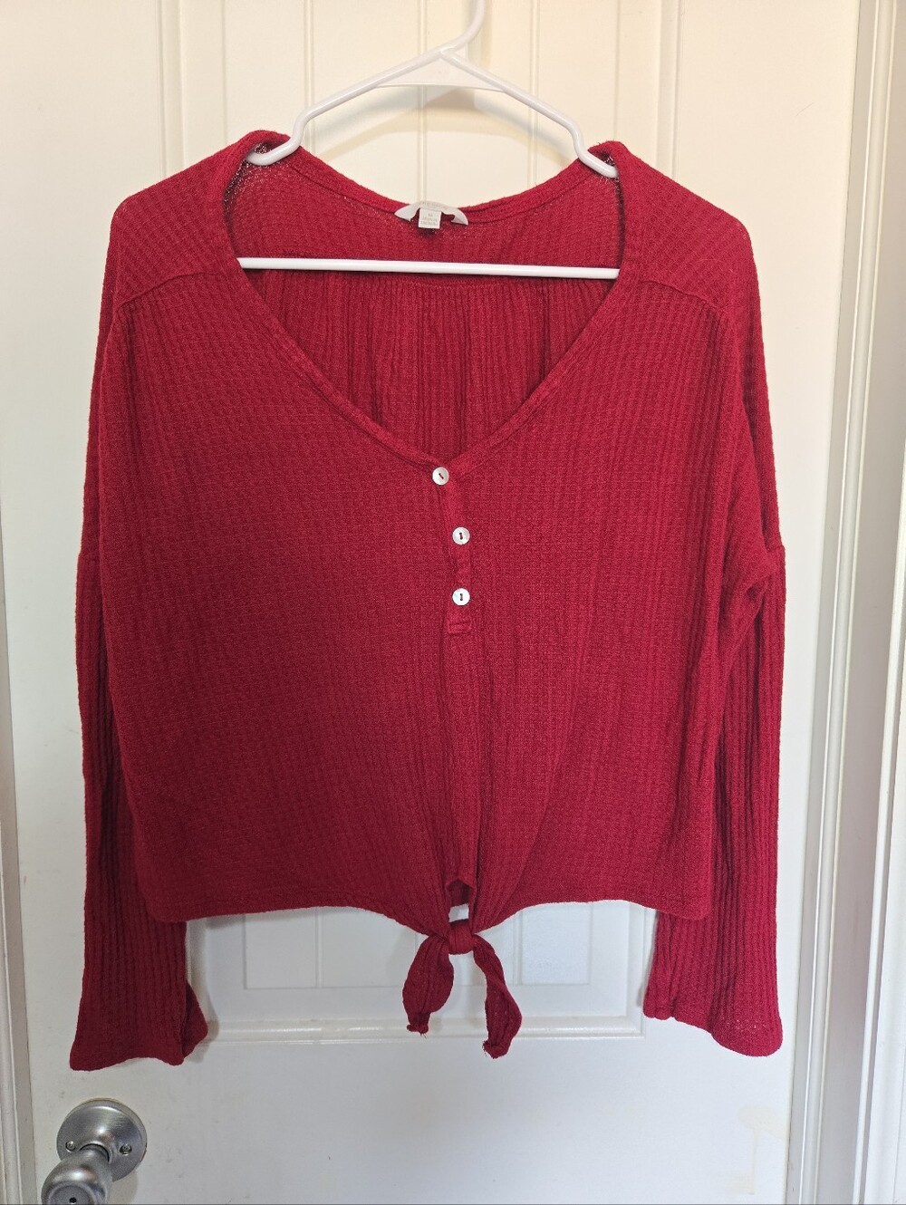 Tresics Medium Red Waffle Knit Tie Front Top Bell Sleeve Boho V-Neck Oversized